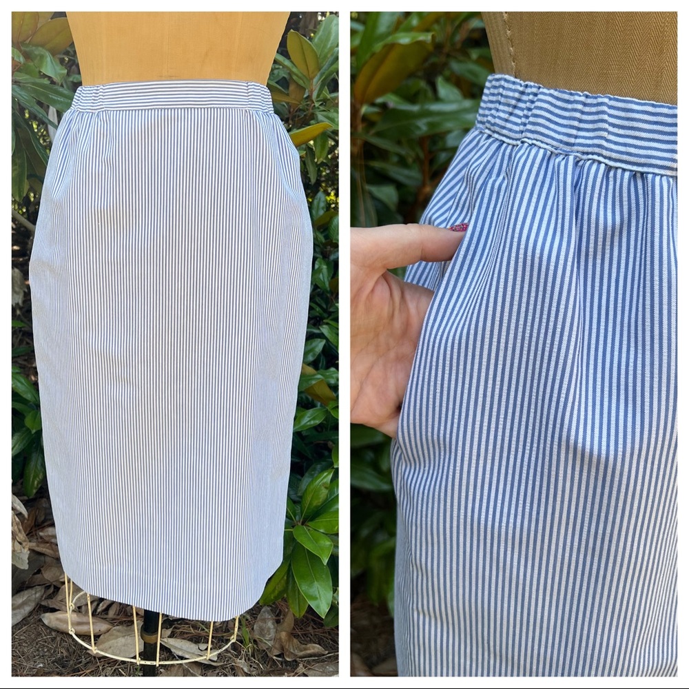 Vtg Blue & White Pinstripe Seersucker Pencil Skirt